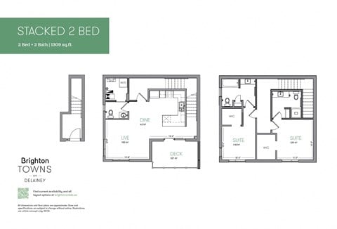 Floor plan for 2 beds, 2.5 baths, 1309 sqft